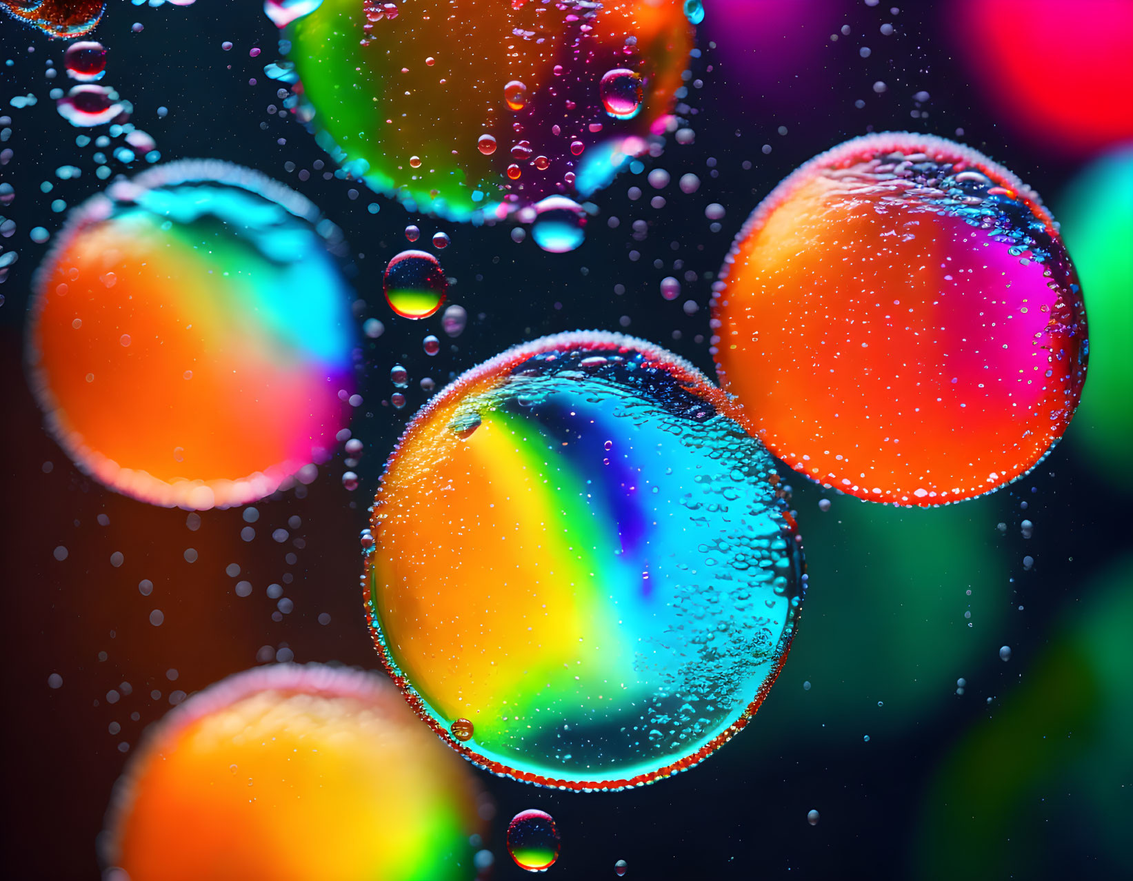 Vibrant soap bubbles on colorful backdrop with sharp foreground