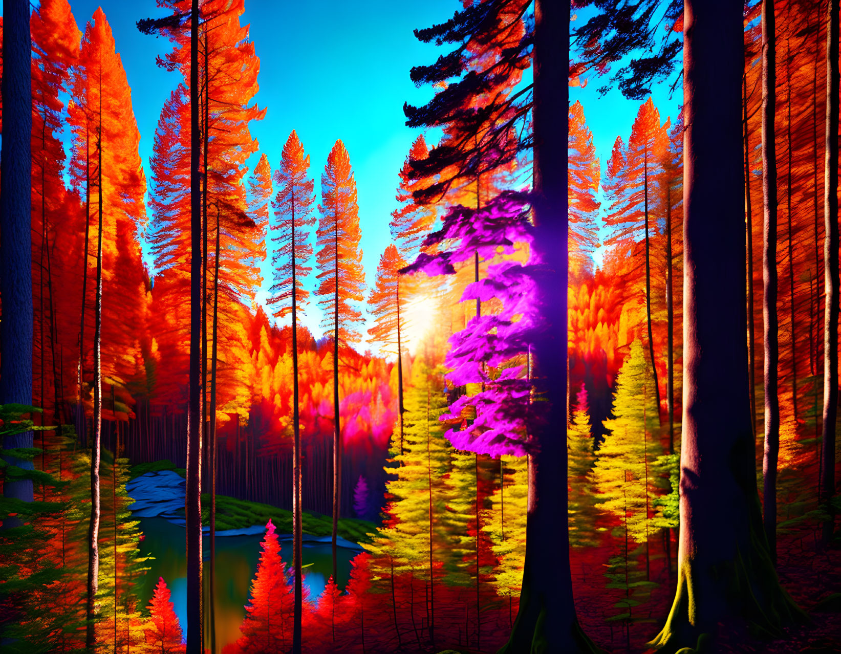 Colorful Autumn Forest with Reflections in Water and Sunbeams