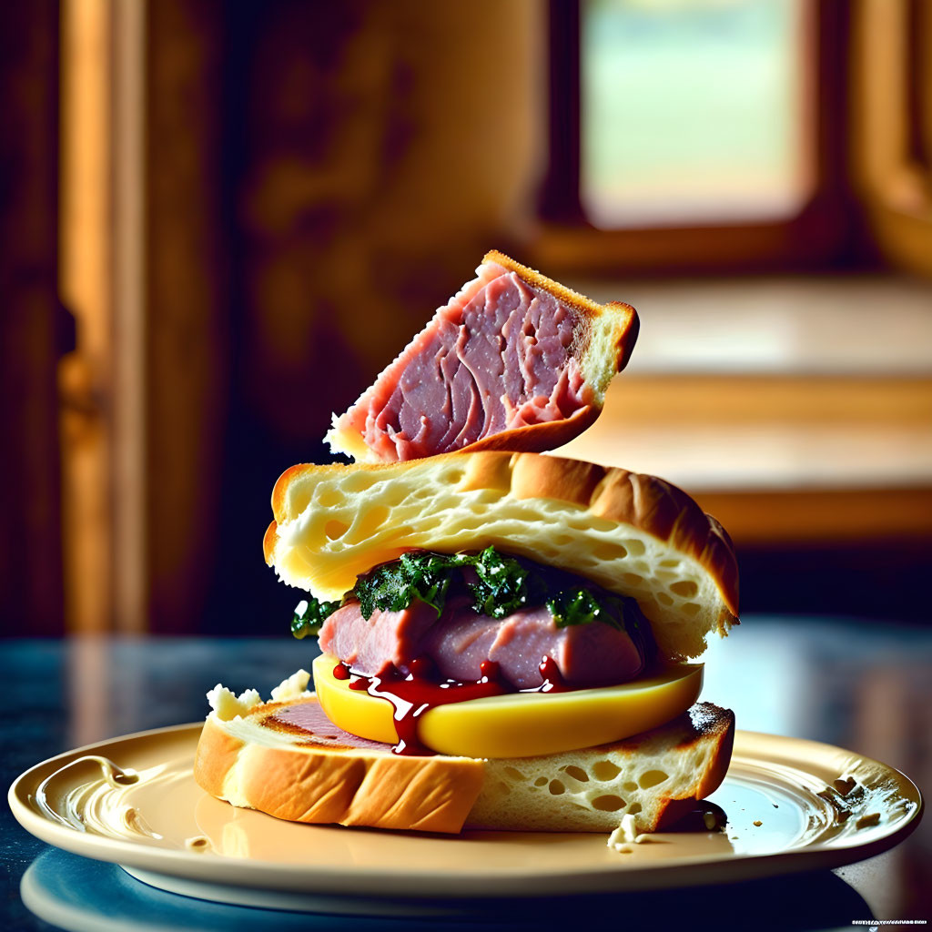 Ham, Cheese, and Greens Sandwich on Golden Plate with Blurred Window Background