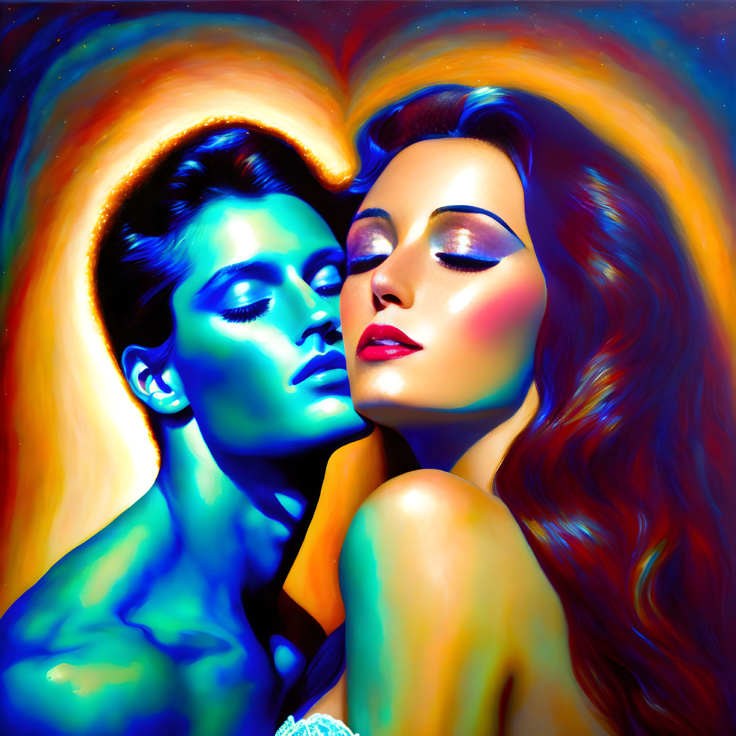 Colorful portrait of male and female models with neon body paint on cosmic backdrop.