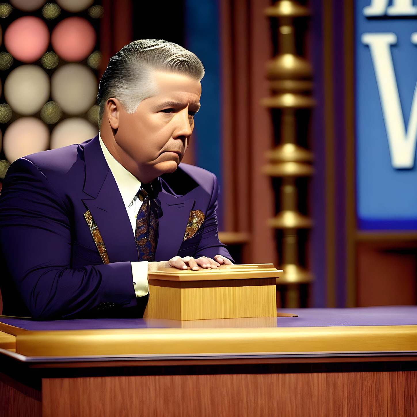 Person in Purple Suit with Brooch and White Hair at Game Show Podium