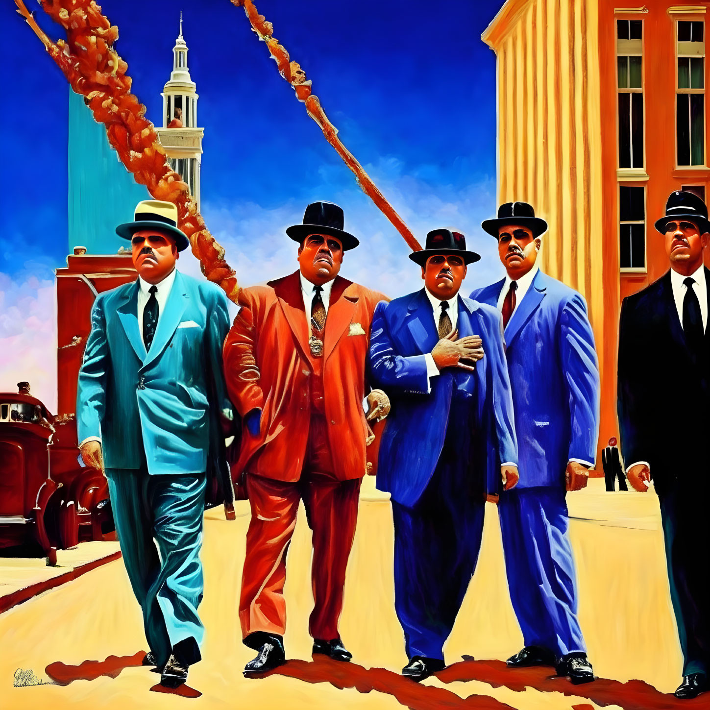 Vibrant painting of five men in suits and hats walking among vintage cars and historic buildings