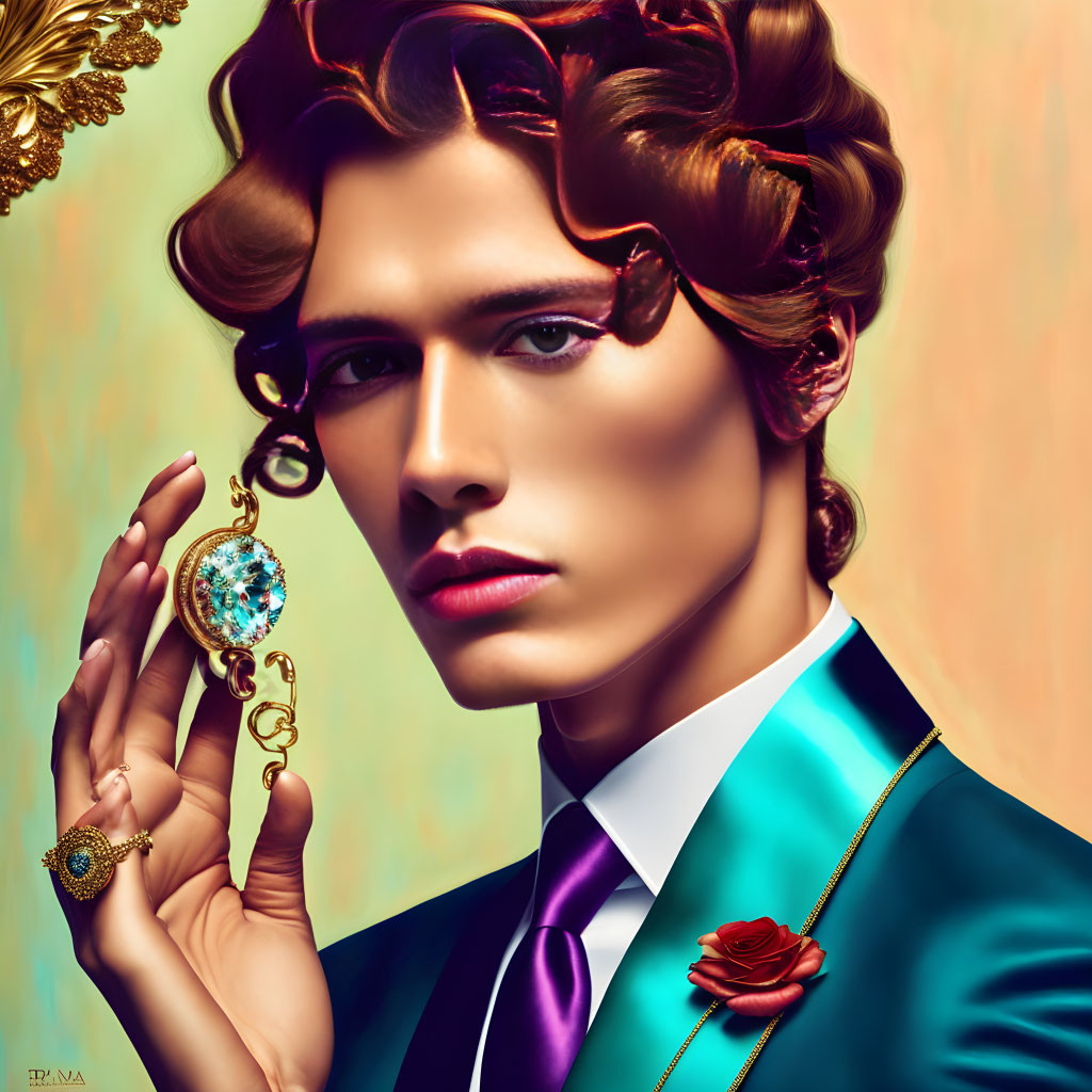 Portrait of person with styled hair holding jeweled pocket watch in teal blazer, purple tie, and