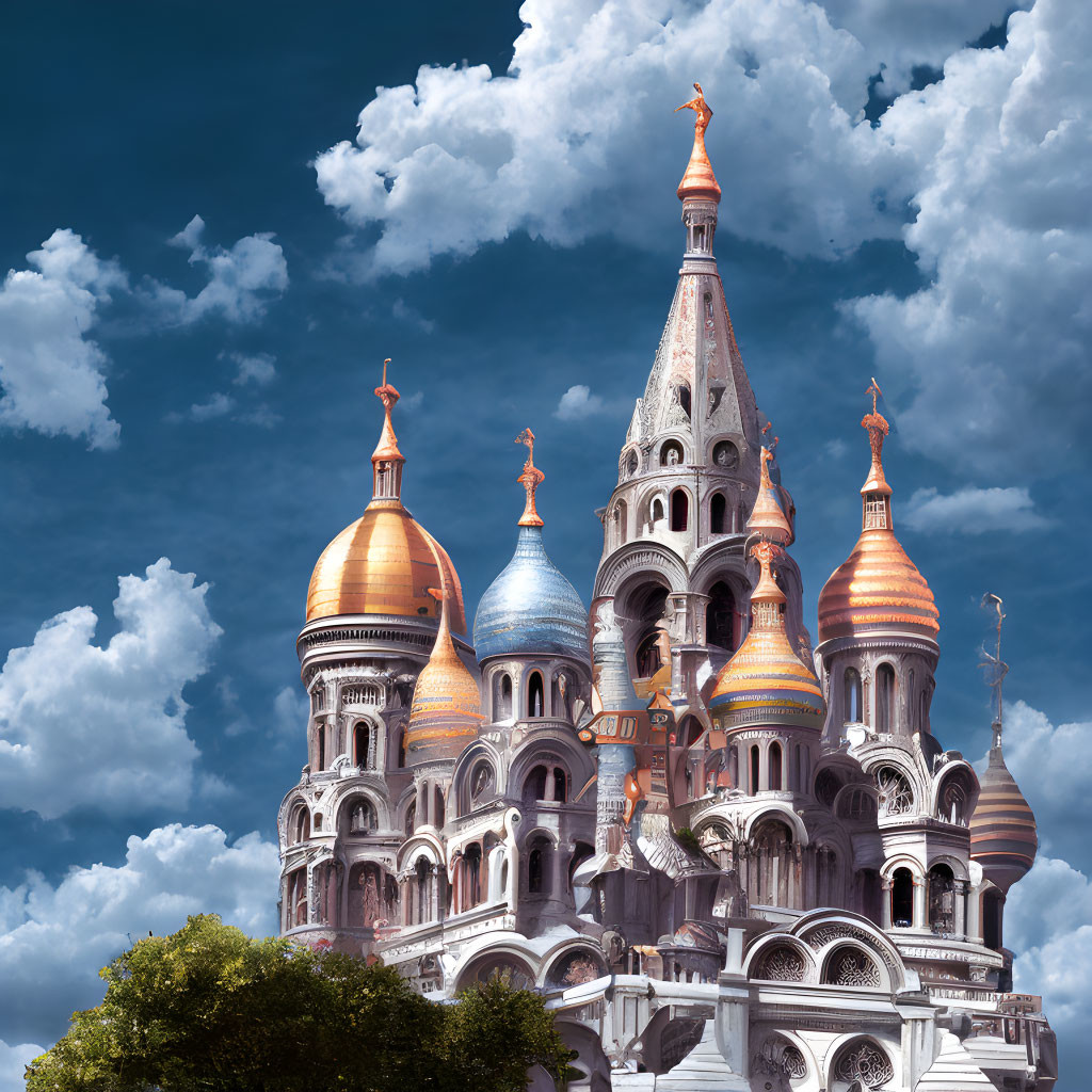 Multicolored Cathedral with Onion Domes under Blue Sky