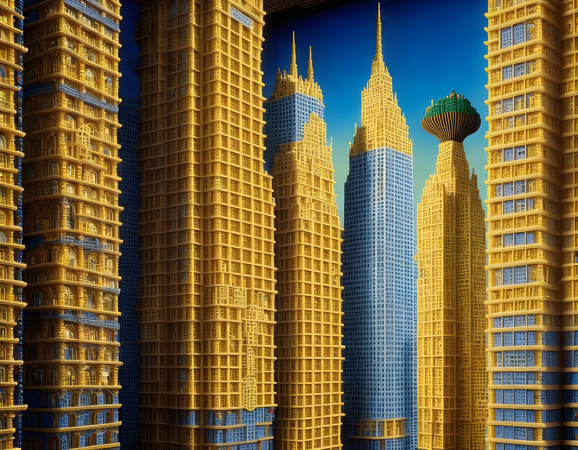 Golden skyscrapers in futuristic cityscape with ornate designs