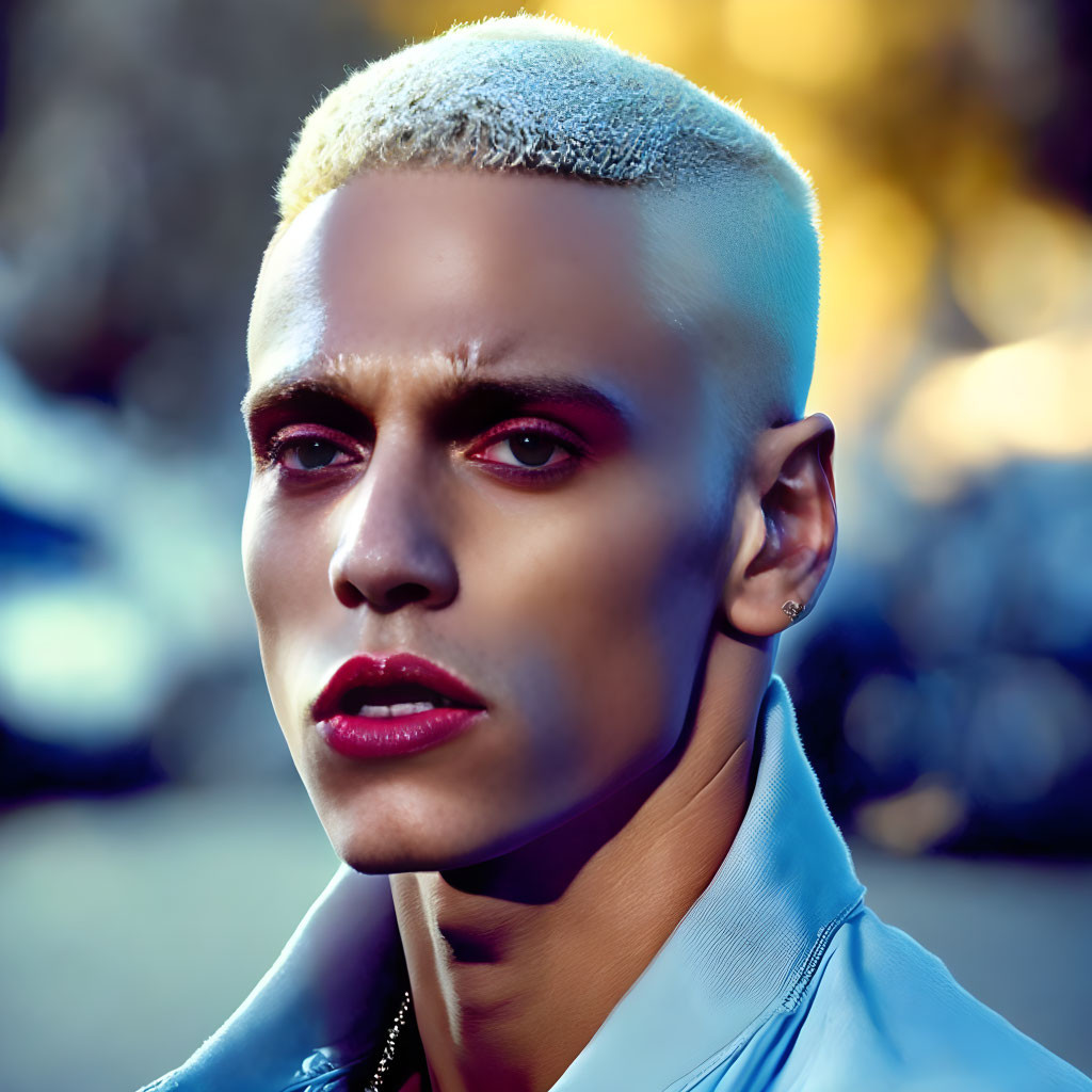 Portrait: Bleach Blonde Buzz Cut, Red Eyeshadow, Sharp Jawline, Light Blue Shirt