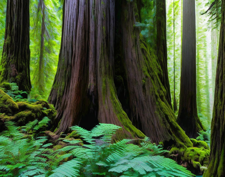 Lush forest scene with redwood tree trunk and ferns