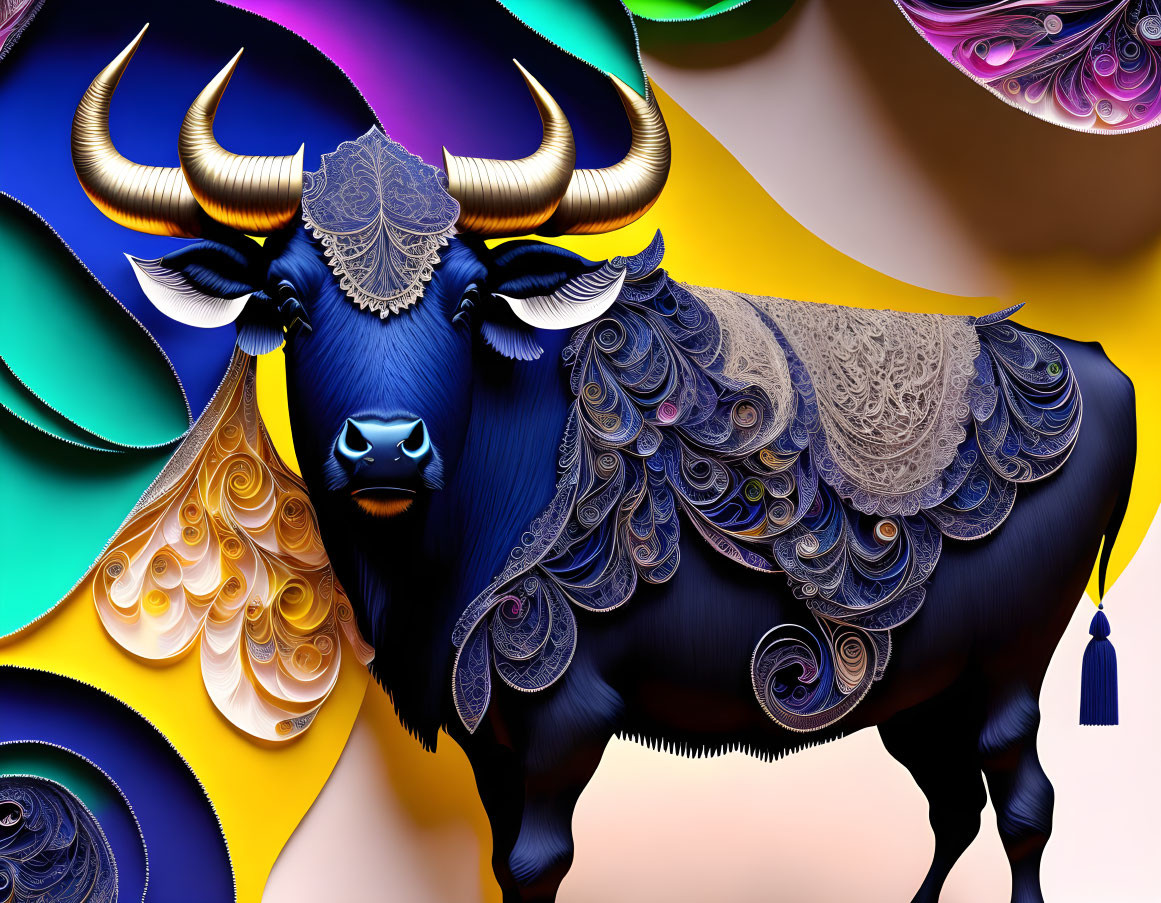 Colorful digital art: stylized bull with ornate patterns and gold-tipped horns