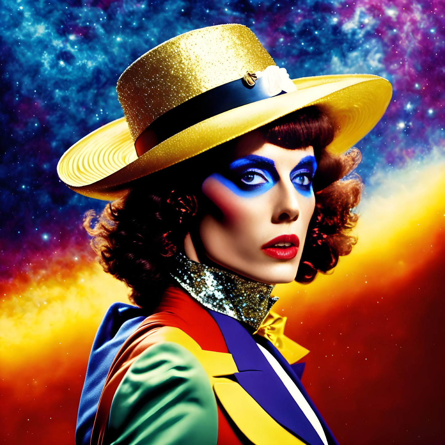 Colorful portrait with dramatic makeup and golden hat against cosmic backdrop