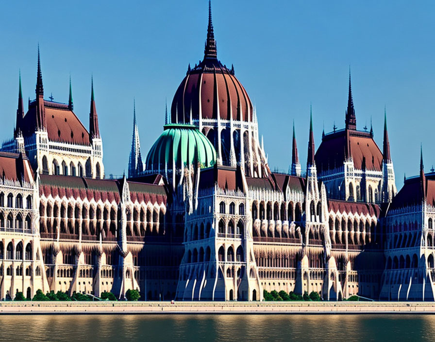 Iconic Hungarian Parliament Building by the River in Clear Blue Sky