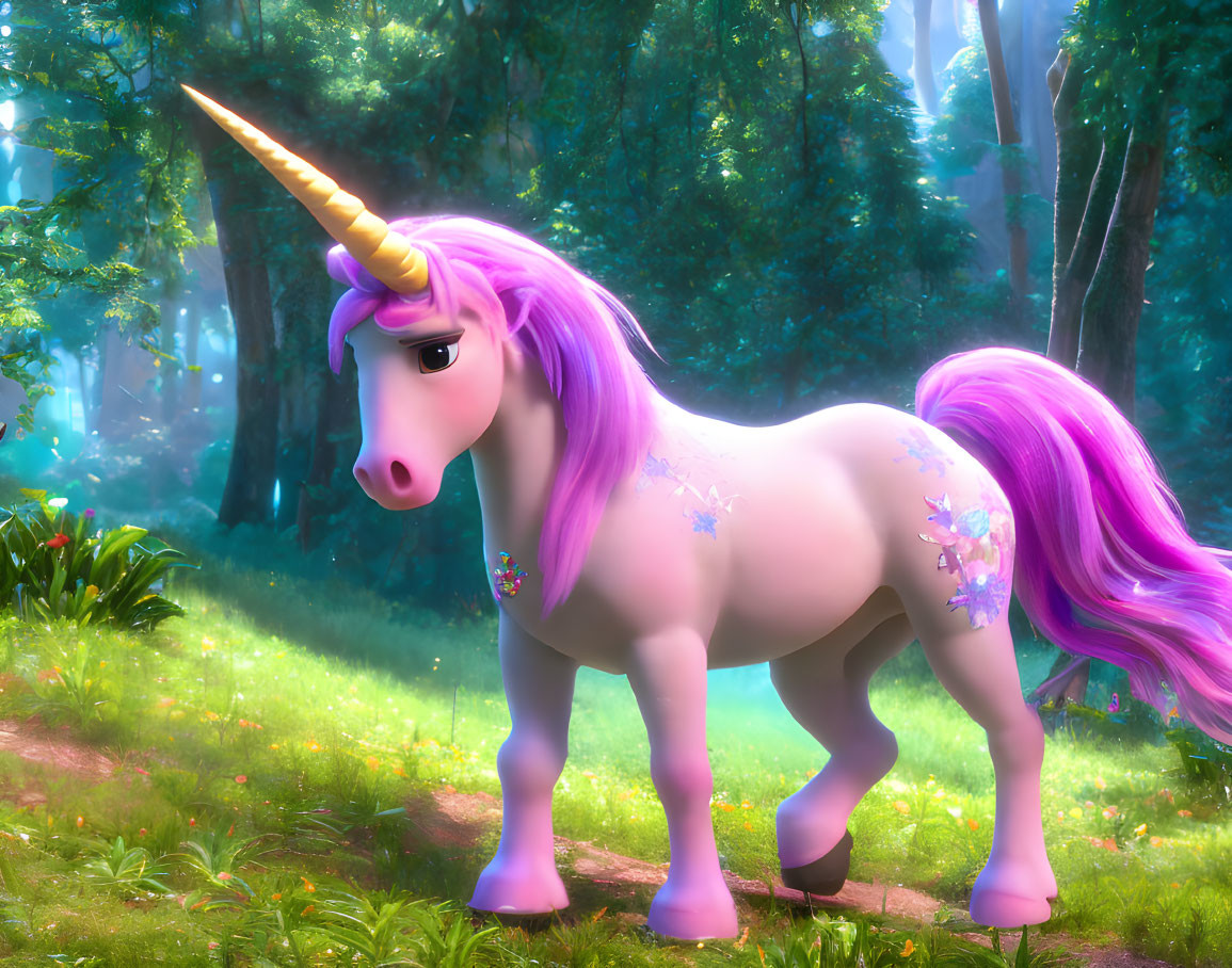 Pink-Maned Unicorn in Enchanting Forest with Star Decorations