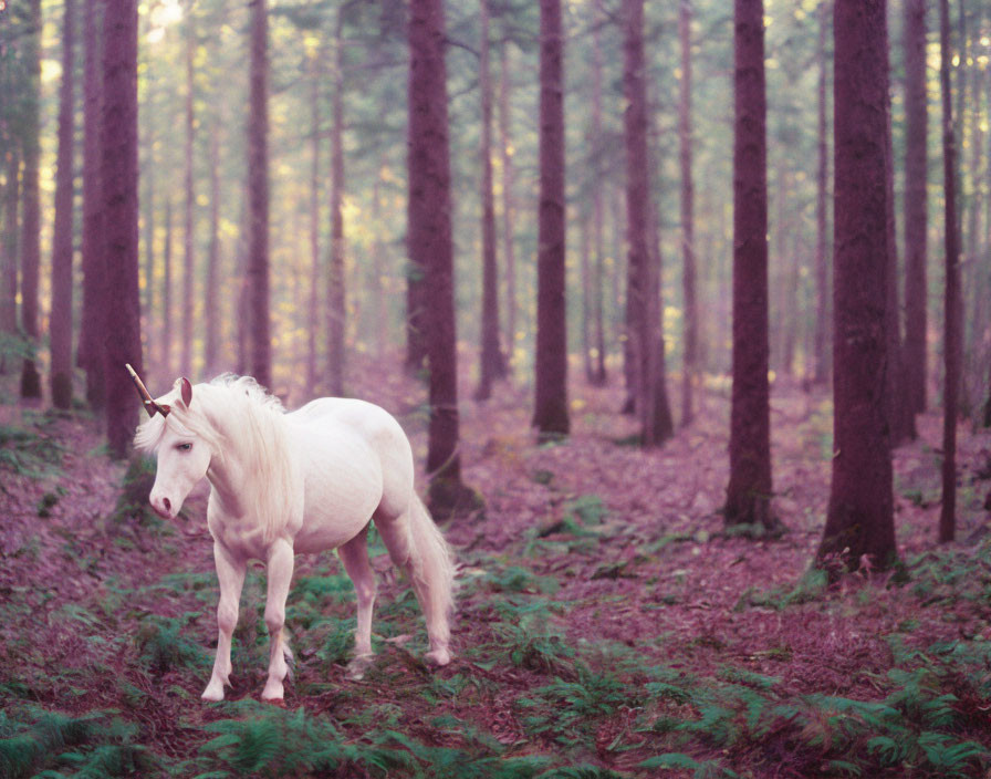 Majestic white unicorn in tranquil purple forest