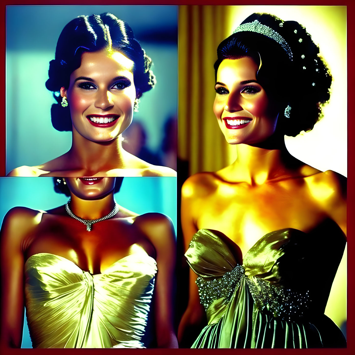 Smiling woman in vintage hairstyle, sparkling headpiece, strapless gown.