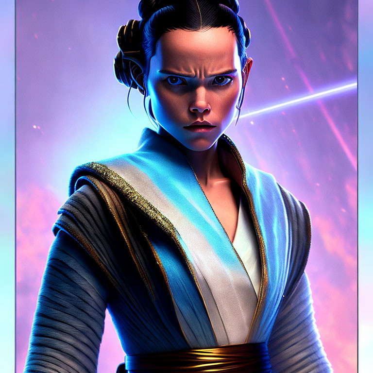 Woman with Elaborate Hair Buns Holding Blue Lightsaber in Vibrant Background