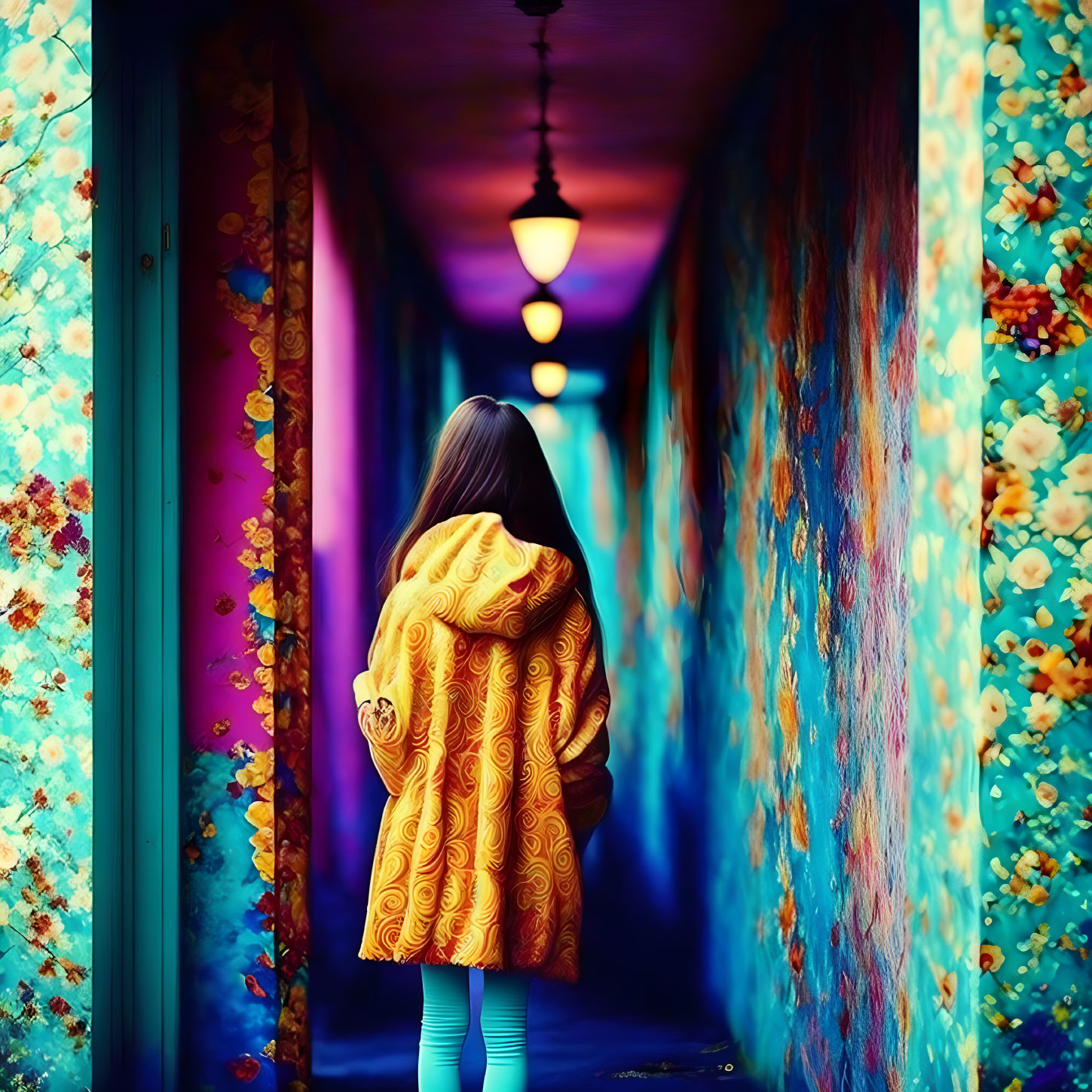 Person in Yellow Coat in Vibrant Floral Hallway with Blue Walls