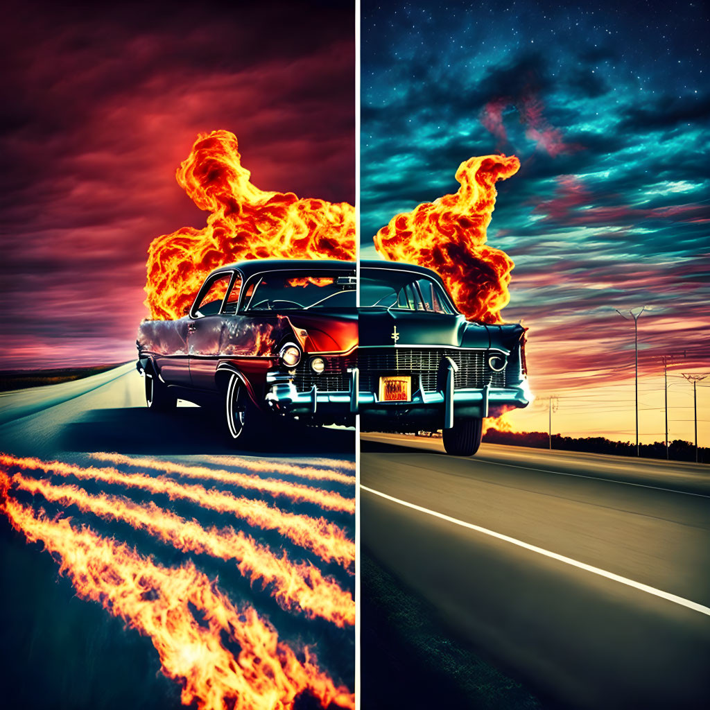 Vintage Car Speeding on Highway with Flaming Tire Tracks & Day/Night Sky Split-Image