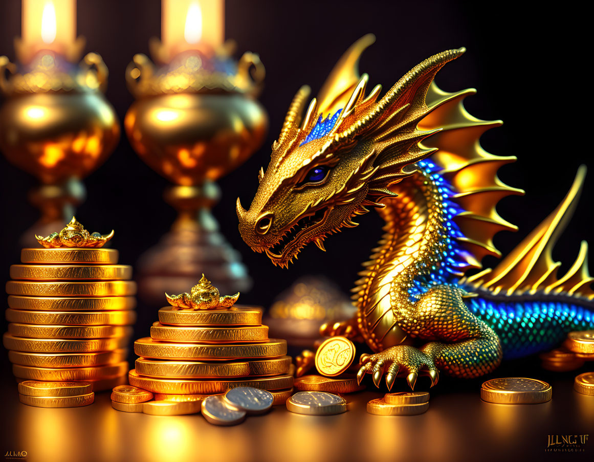 Golden dragon surrounded by treasure in candlelight