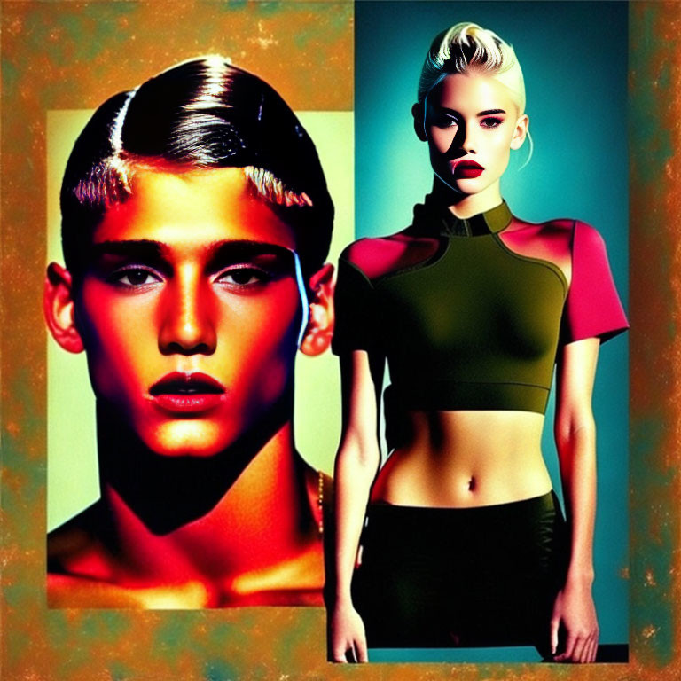 Stylized portraits of male with slicked-back hair and female with modern haircut and high-coll