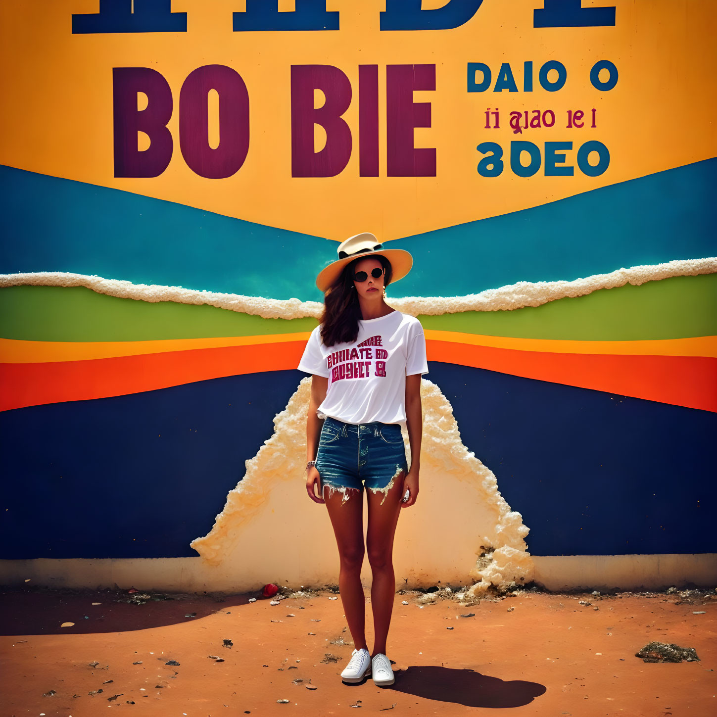 Woman in white hat and denim shorts against vibrant multicolored wall