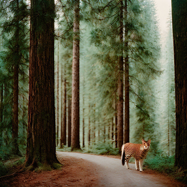 Solitary cheetah in lush forest with coniferous trees