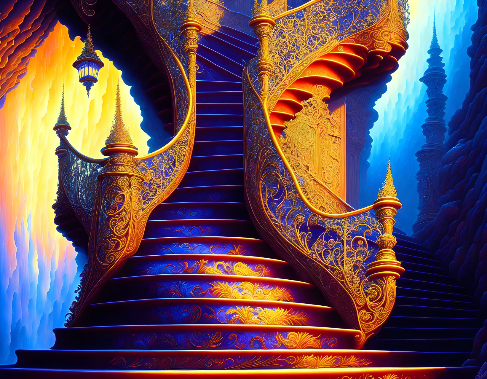 Digital artwork: ornate golden staircase on blue backdrop