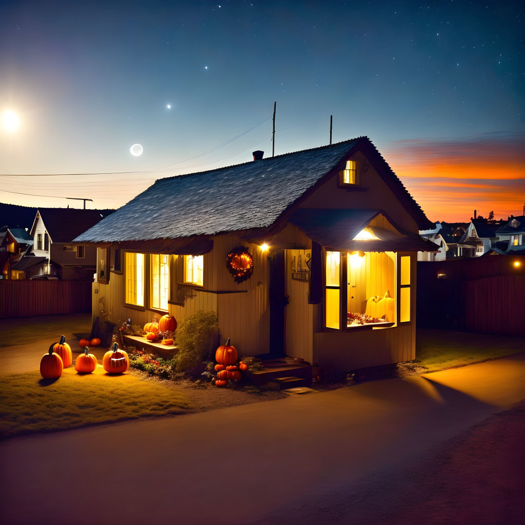 Cozy House Decorated with Pumpkins at Twilight