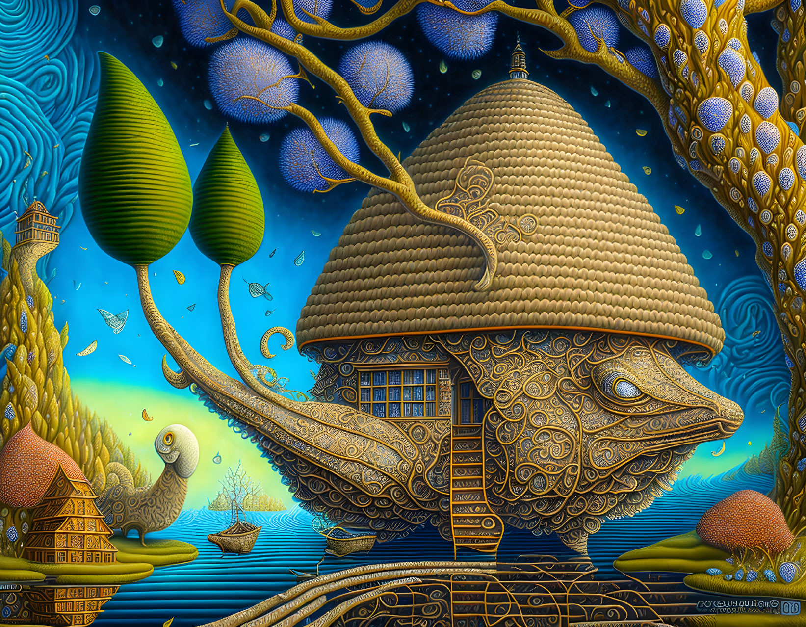 Surreal turtle-shaped house with floating islands and starry sky