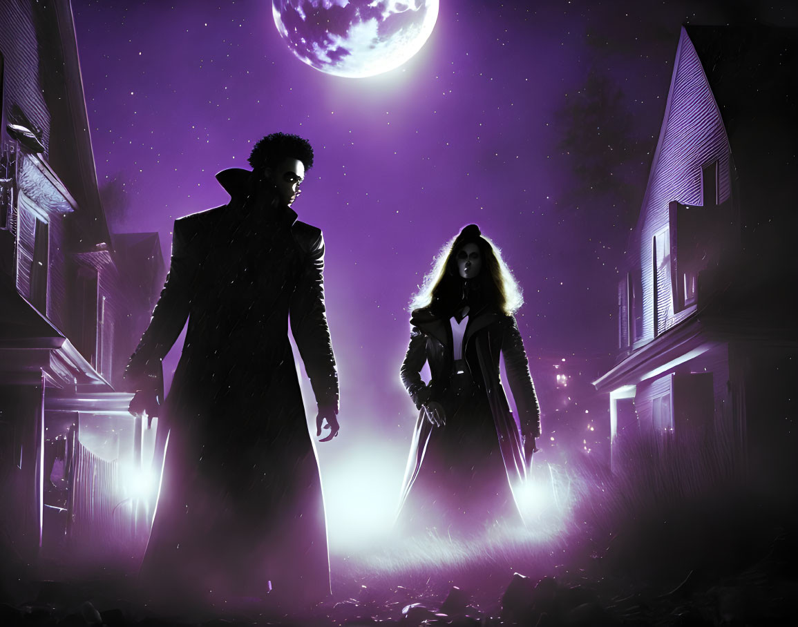 Silhouetted figures with glowing swords under a large moon in a foggy suburban setting