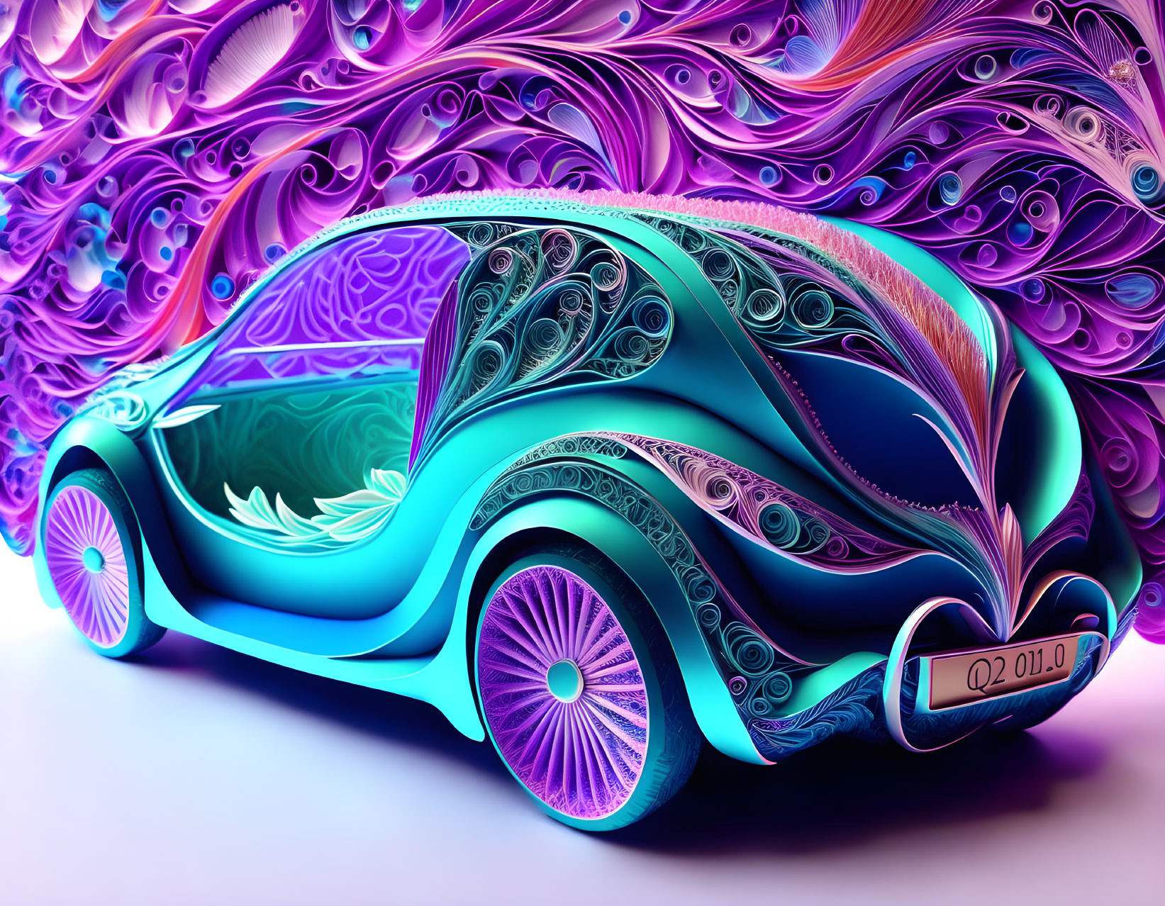 Colorful Swirl-Patterned Concept Car in Purple, Blue, and Teal