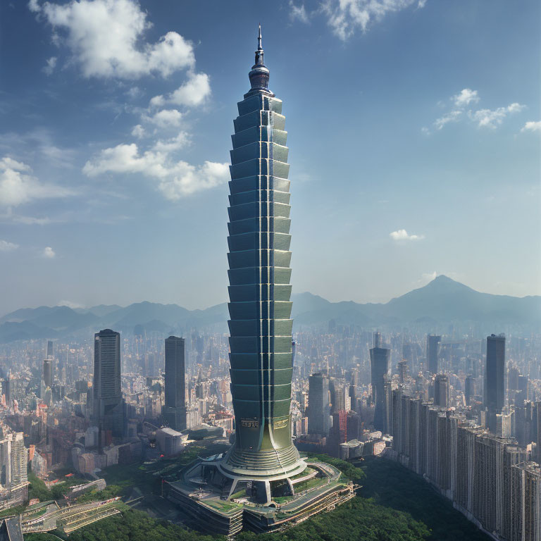 Pagoda-style Skyscraper in Urban Cityscape with Mountains