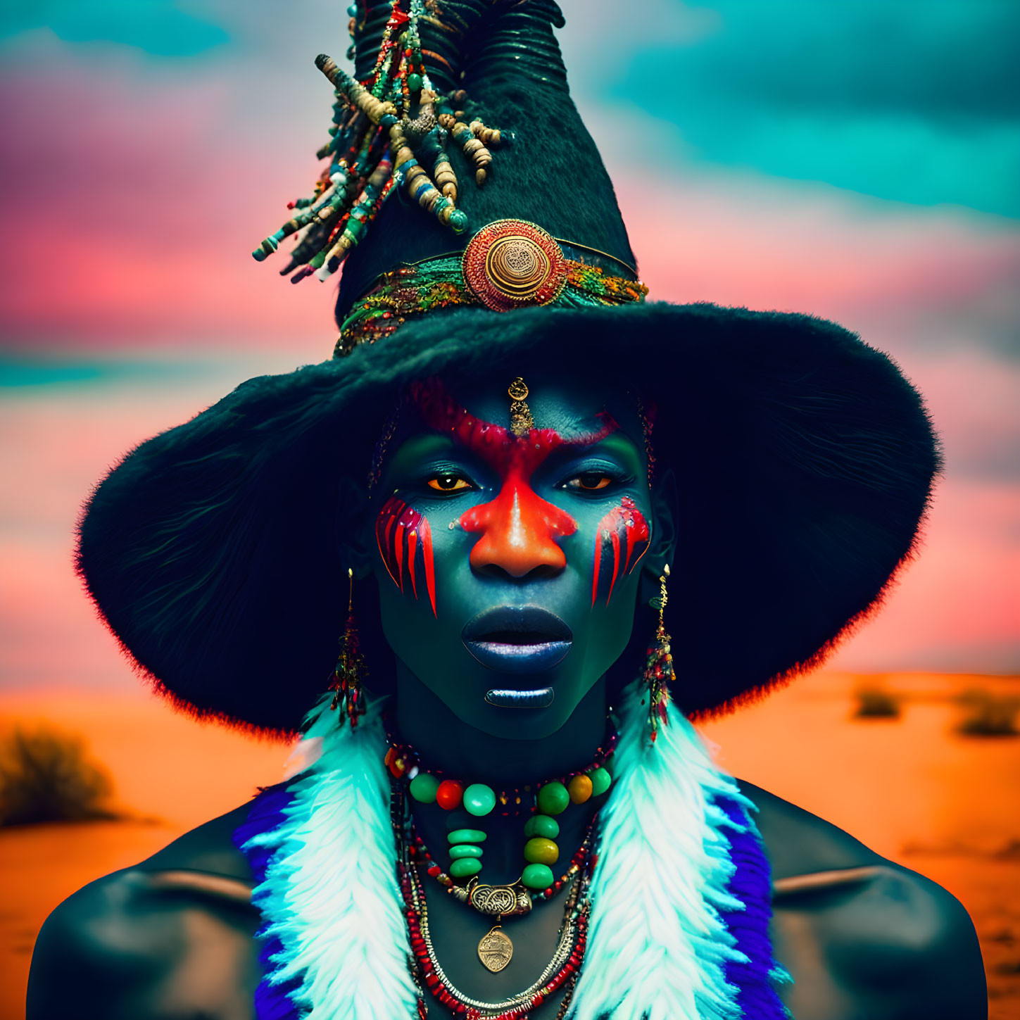 Person with tribal face paint and ornate hat in surreal desert scene