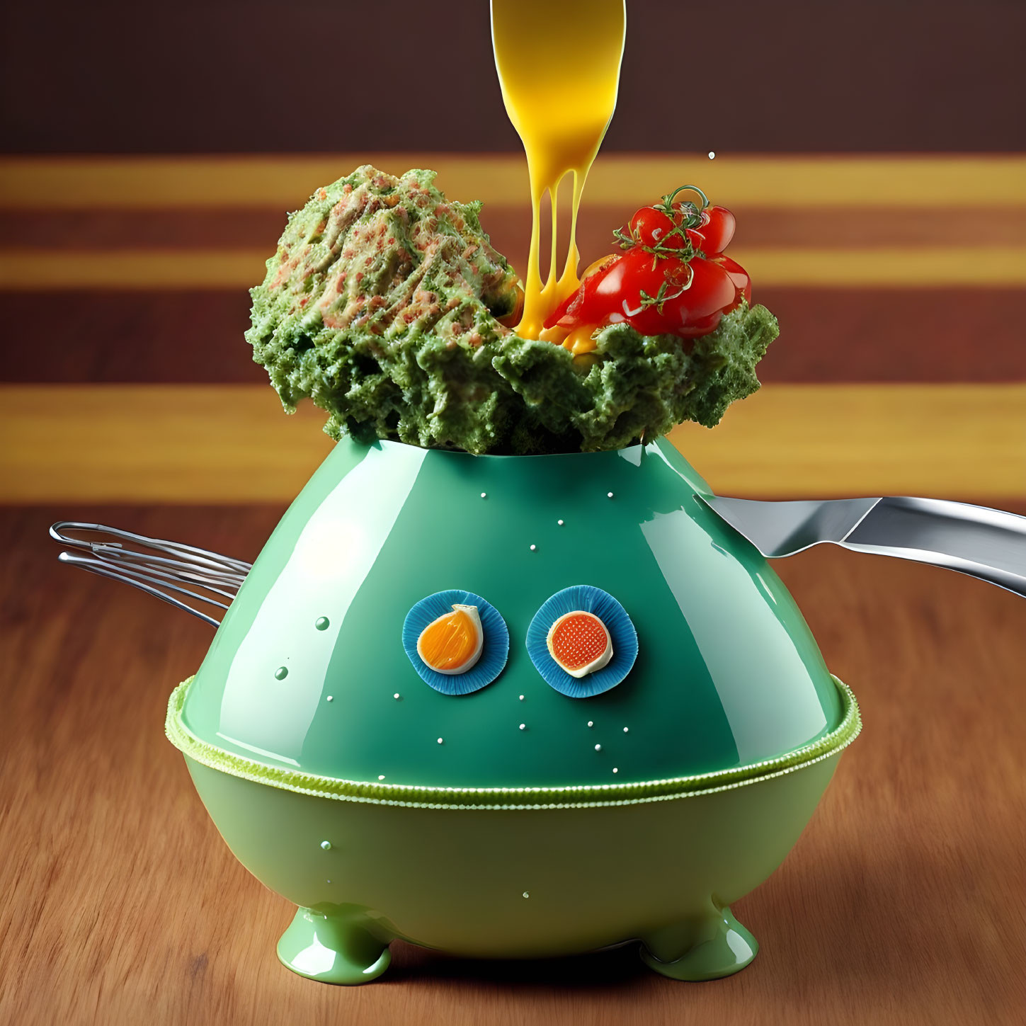 Alien-shaped bowl with brain-like food and cherry tomato on top