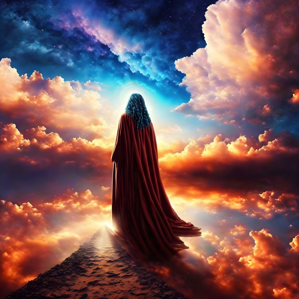 Silhouette in red cloak at path's end with vibrant celestial scene.