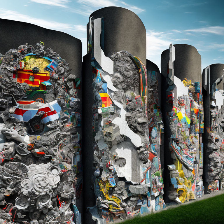 Intricate Bas-Relief Artwork on Cylindrical Columns Outdoors