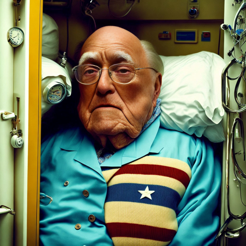 Elderly man in hyperbaric chamber with colorful sweater and medical equipment