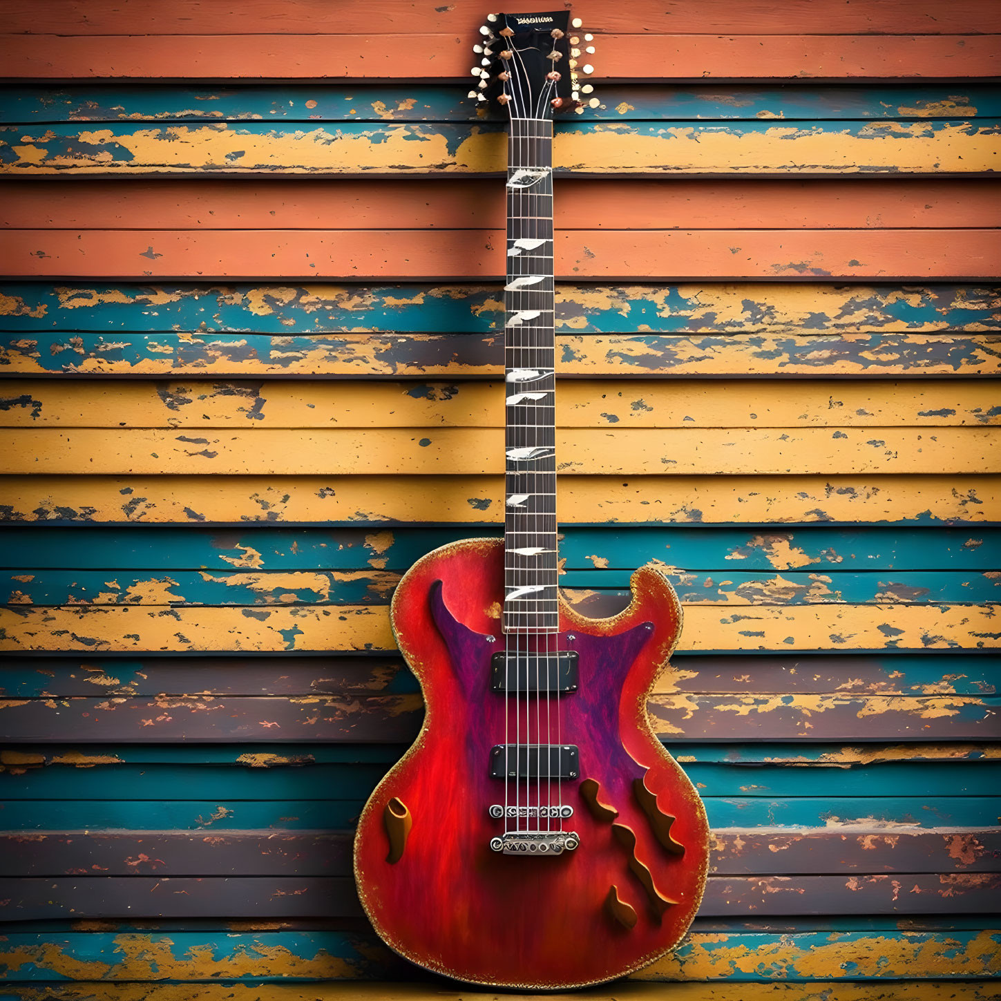 Red Semi-Hollow Electric Guitar on Multicolored Wooden Background