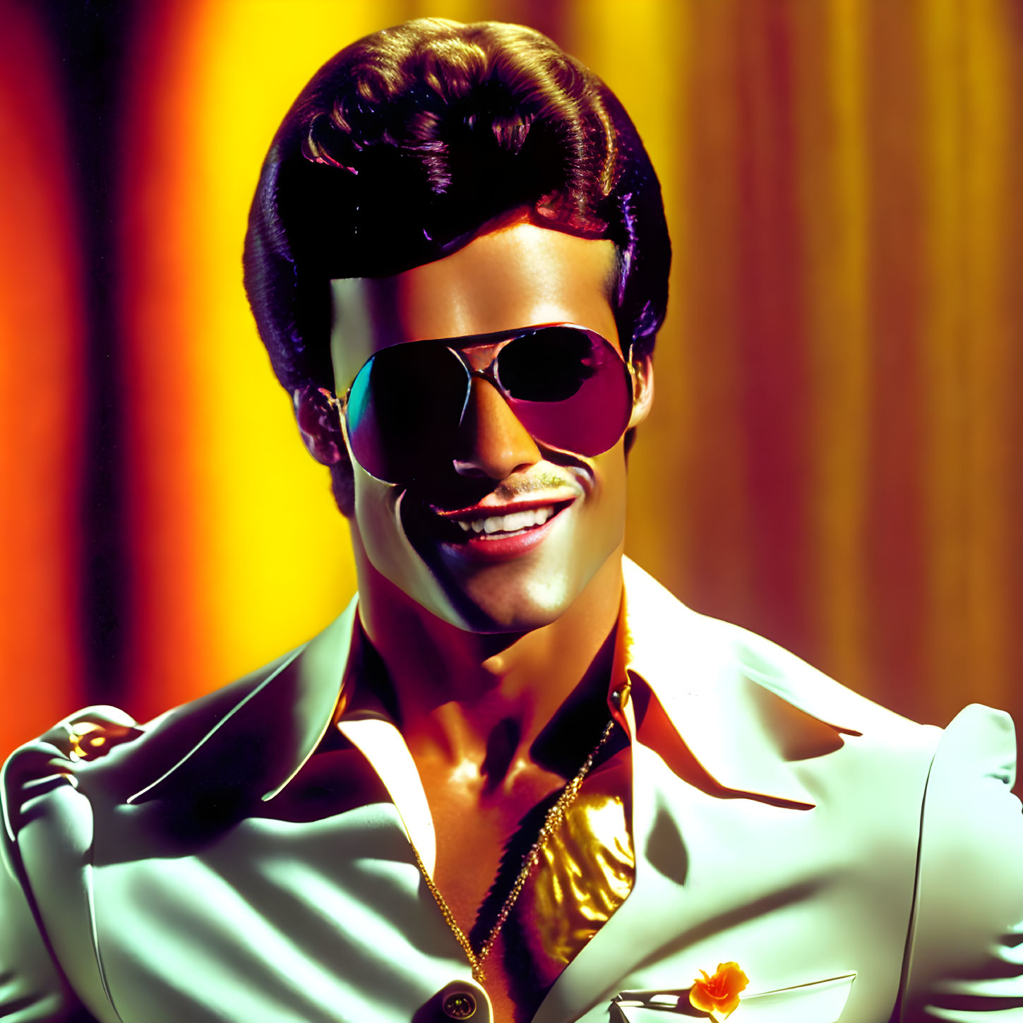 Stylized man with mustache in aviator sunglasses and disco-era suit against vibrant background