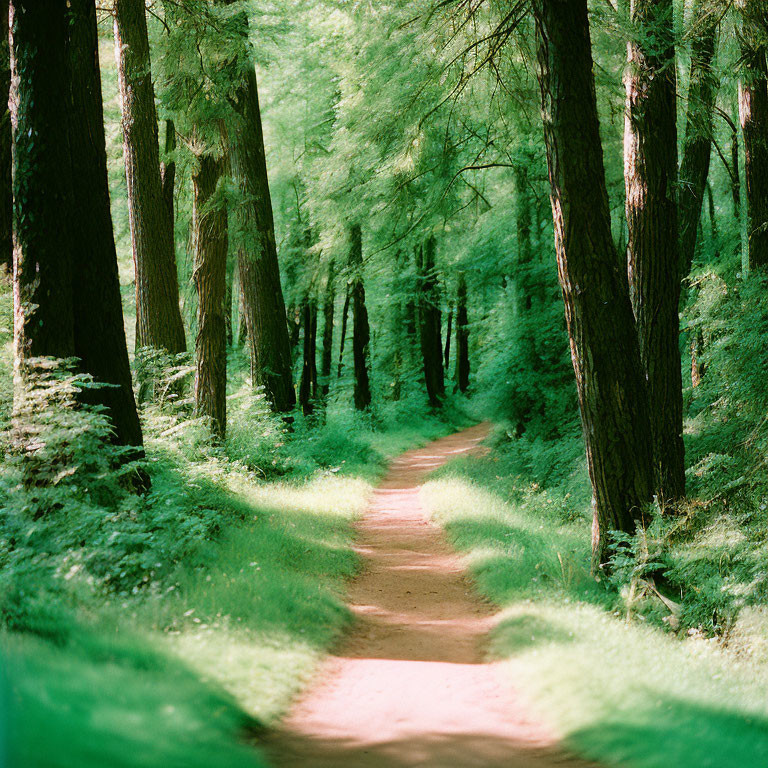 Tranquil Forest Path with Sunlight Filtering Through Green Foliage