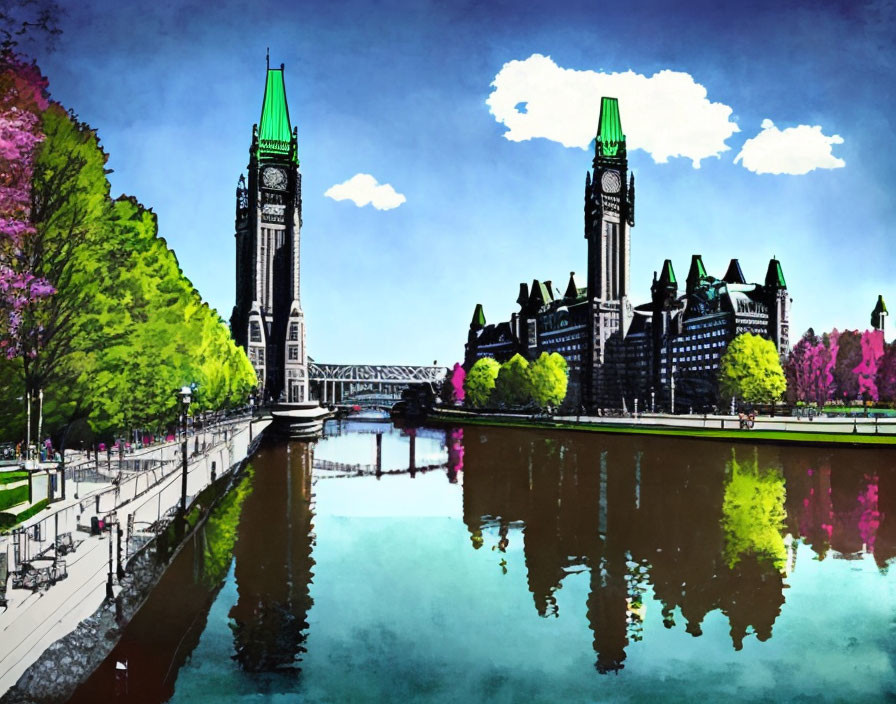 Gothic-style building by river with reflections, blue sky, fluffy clouds, and green trees