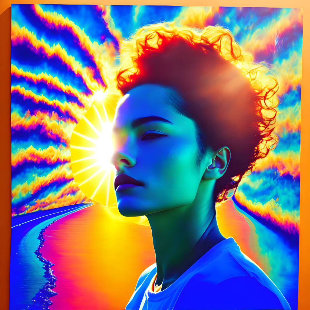 Intense gaze against vibrant, psychedelic backdrop with sun and swirling patterns