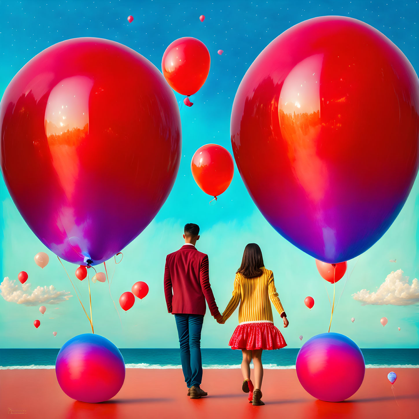 Couple with red balloons by the sea under a blue sky