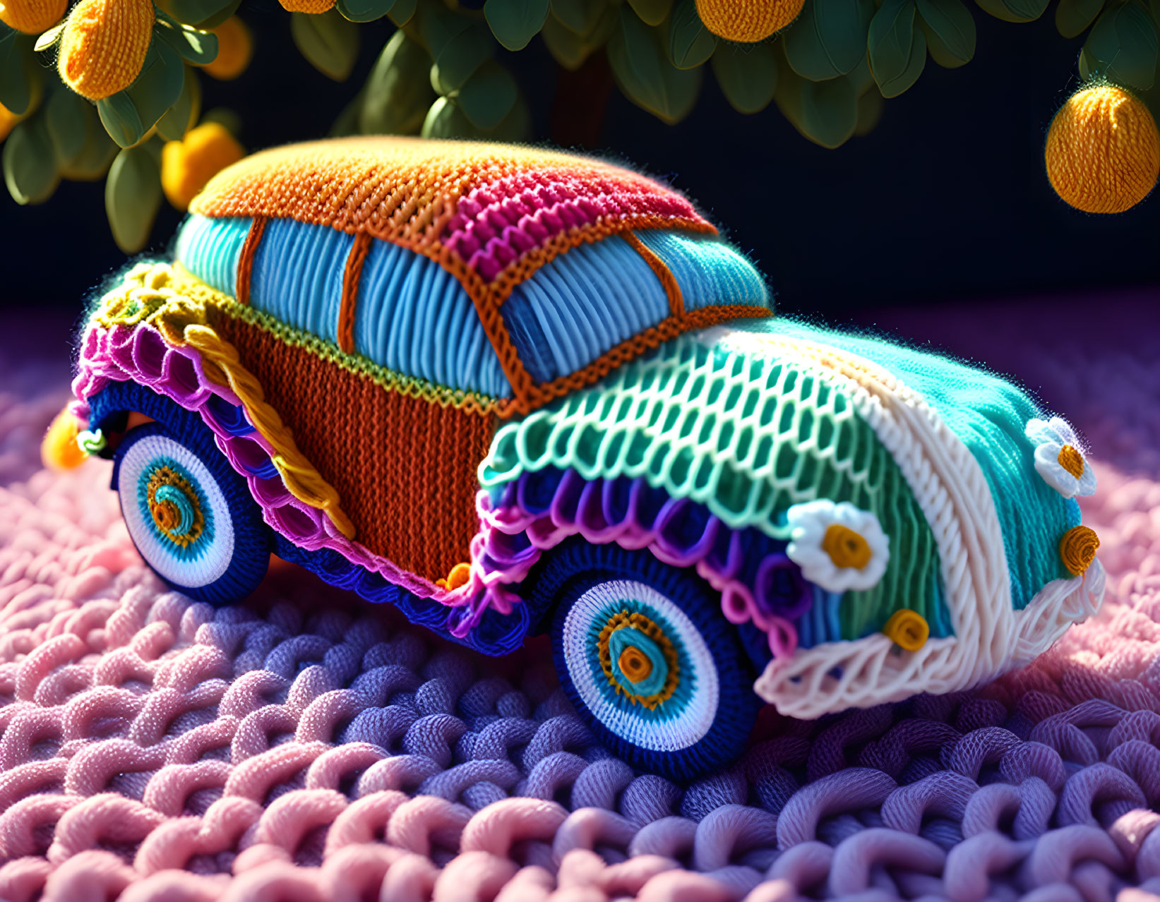 Colorful Knitted Car Toy on Textured Fabric with Fruits and Purple Background