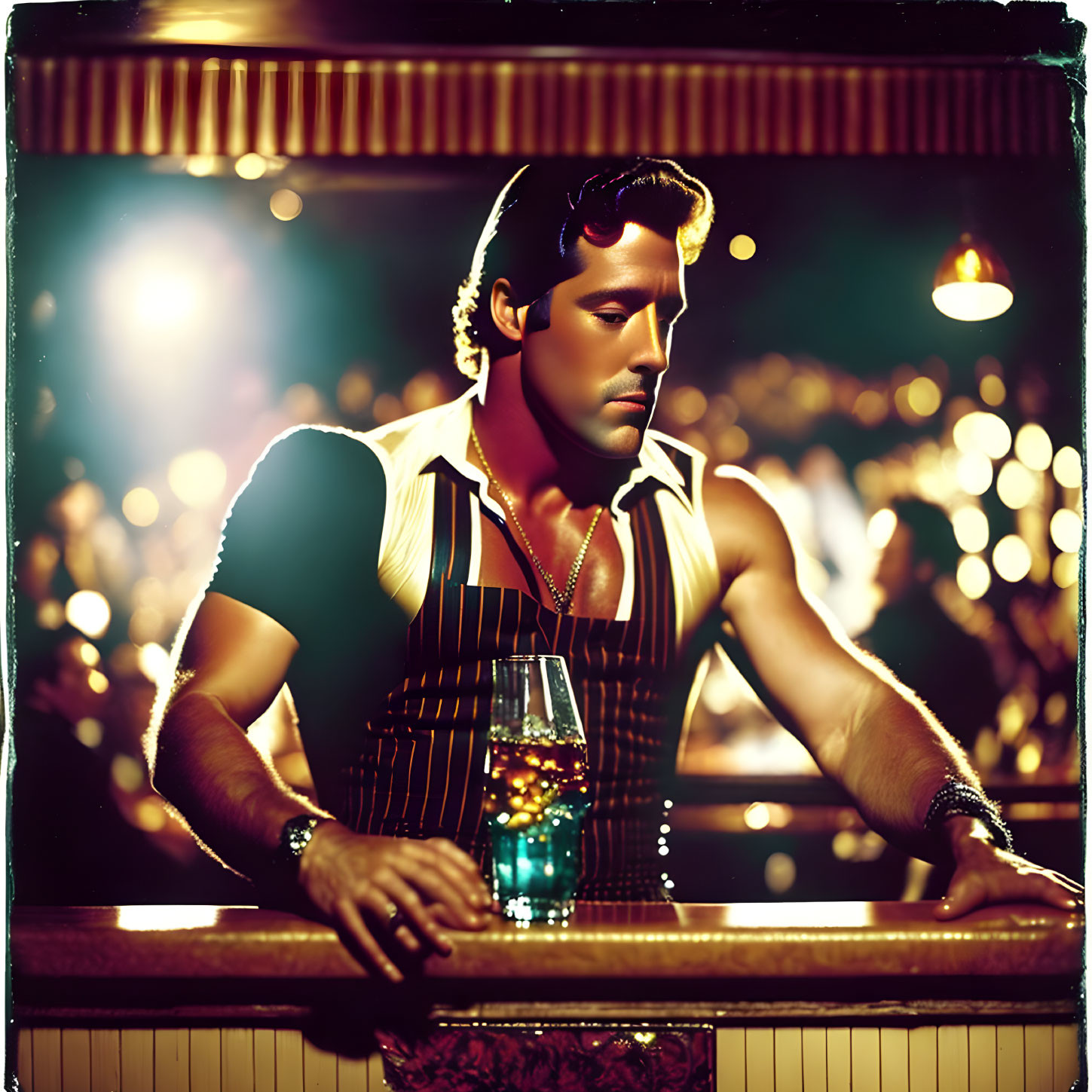 Man in Striped Vest Leaning on Bar with Drink, Blurred Background Patrons