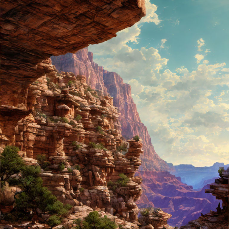 Cliff with lush vegetation under overhanging rock in clear blue sky