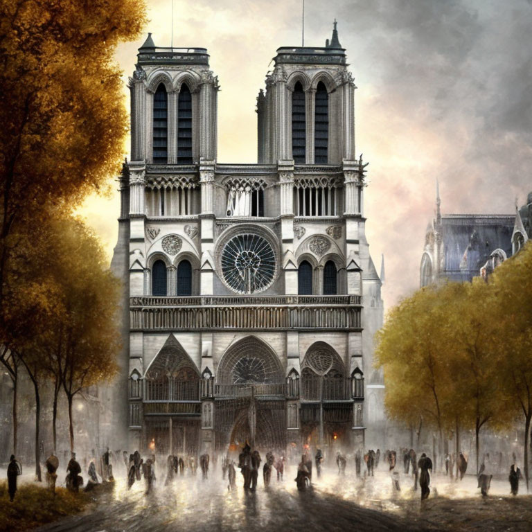 Crowd at Notre-Dame Cathedral with autumn trees and mystical ambiance