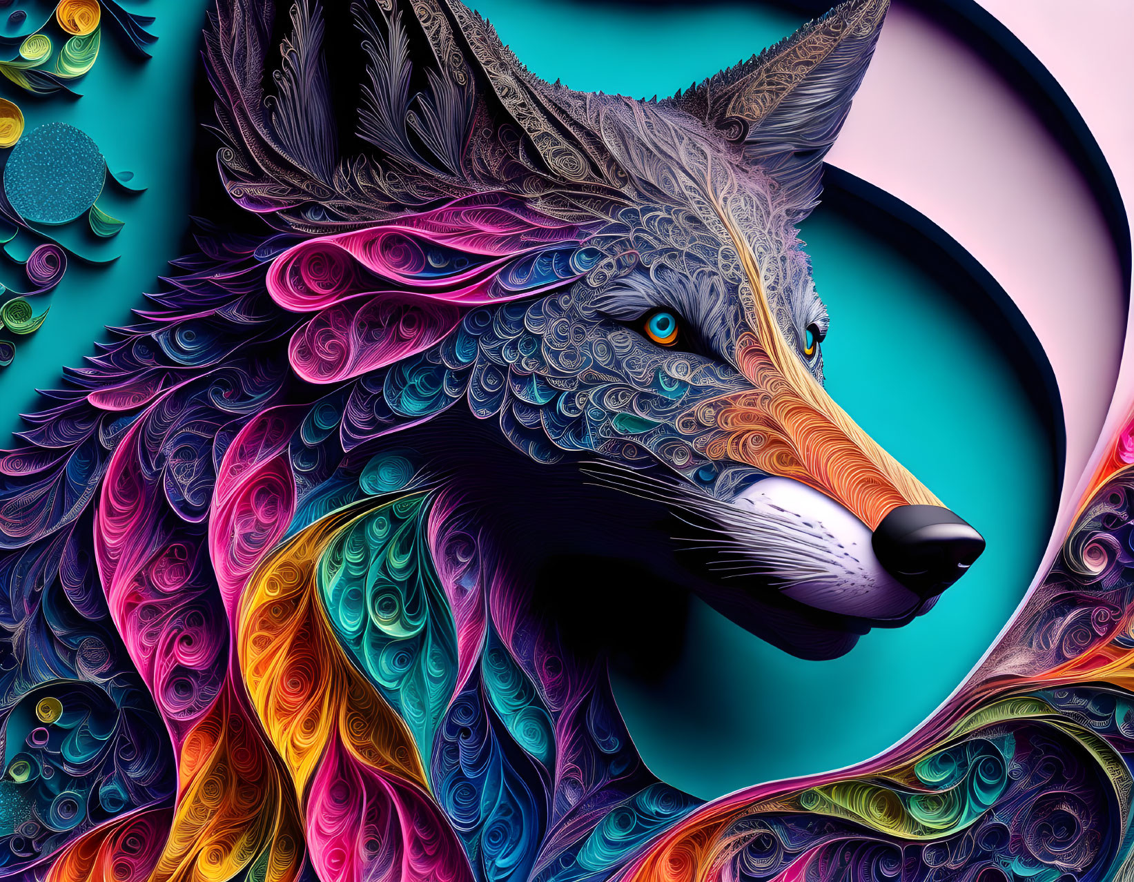 Colorful Stylized Wolf Artwork with Abstract Background