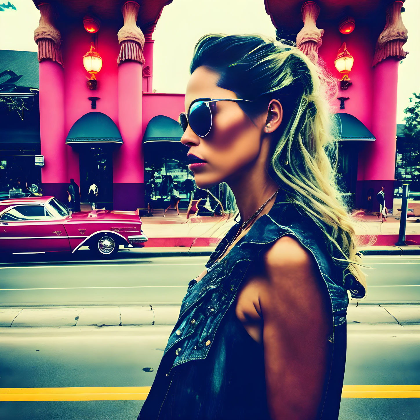 Fashionable woman in sunglasses and denim vest by pink building and red car