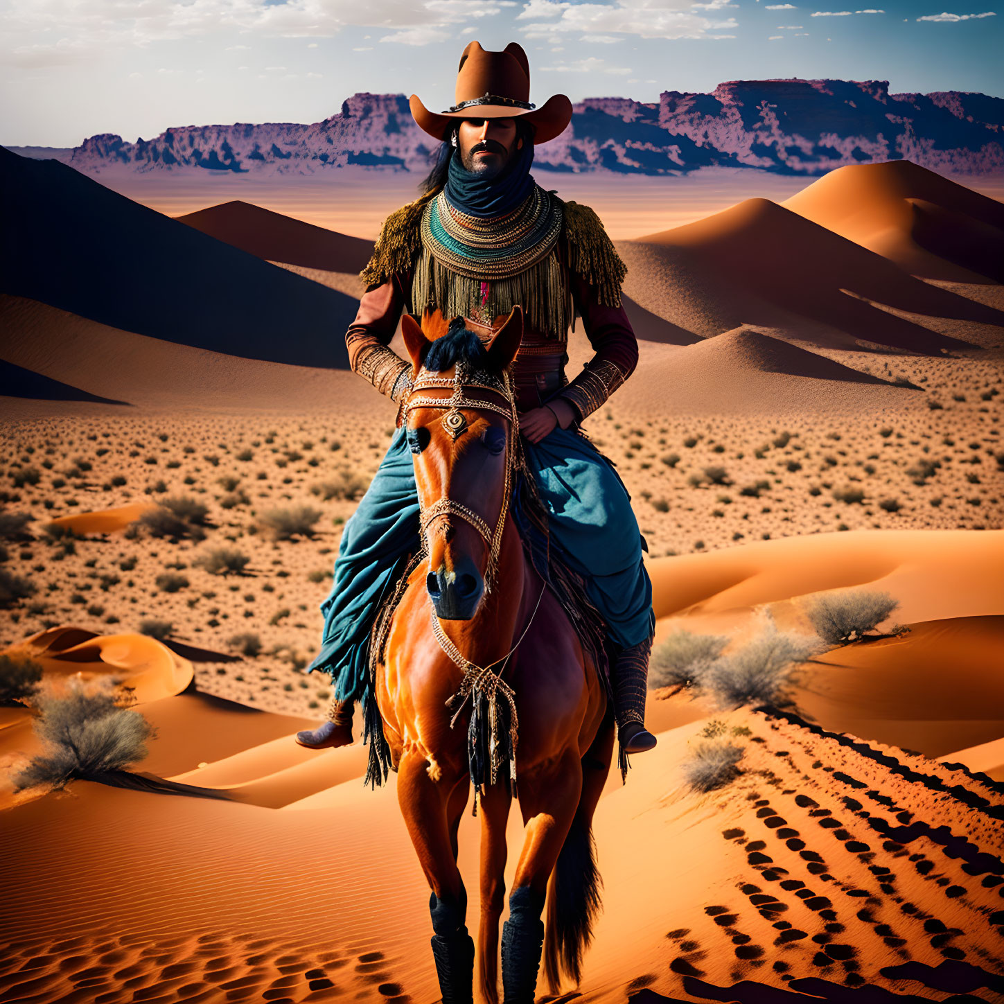 Cowboy riding horse in desert landscape with dunes and clear sky