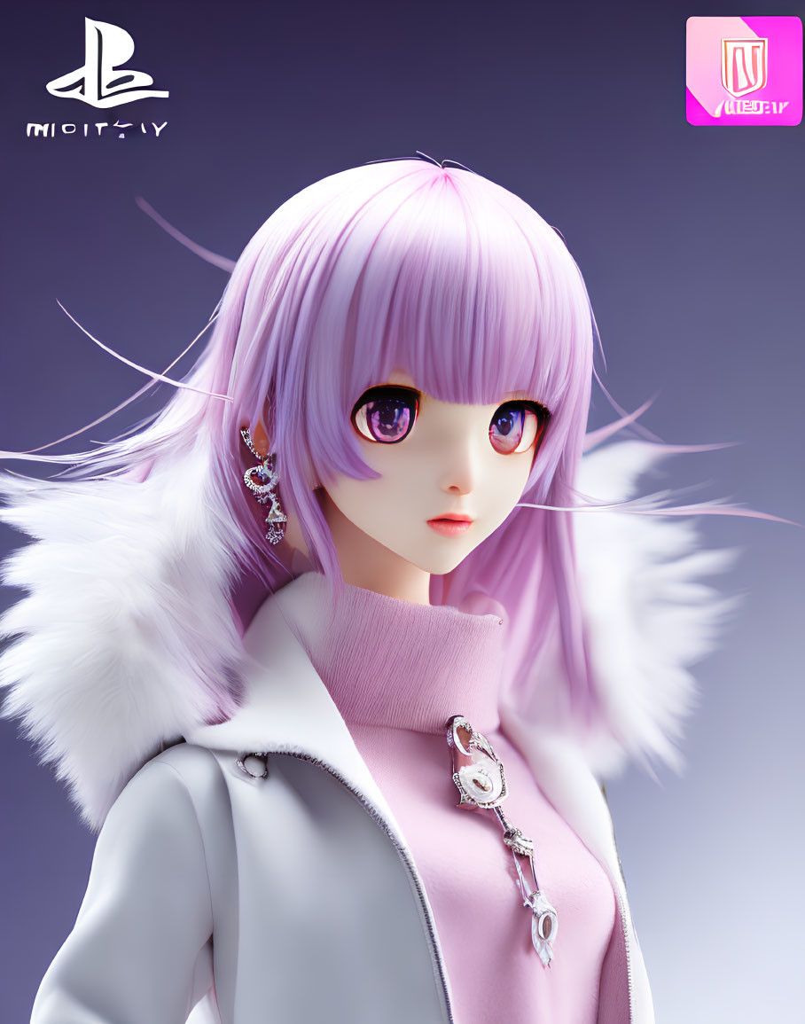 3D-rendered female character with purple hair and eyes in white fur collar and pink top