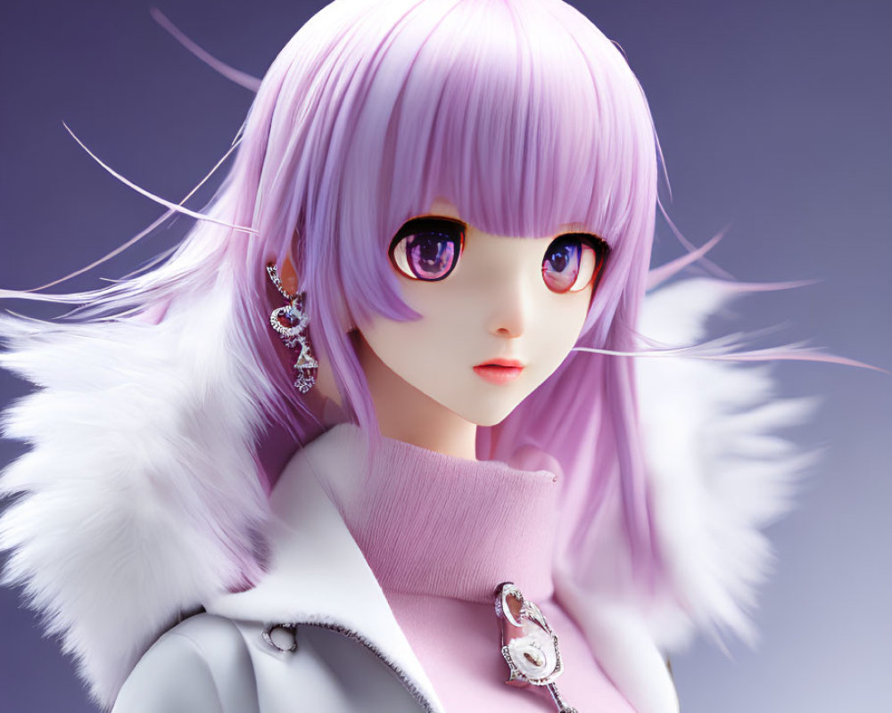 3D-rendered female character with purple hair and eyes in white fur collar and pink top